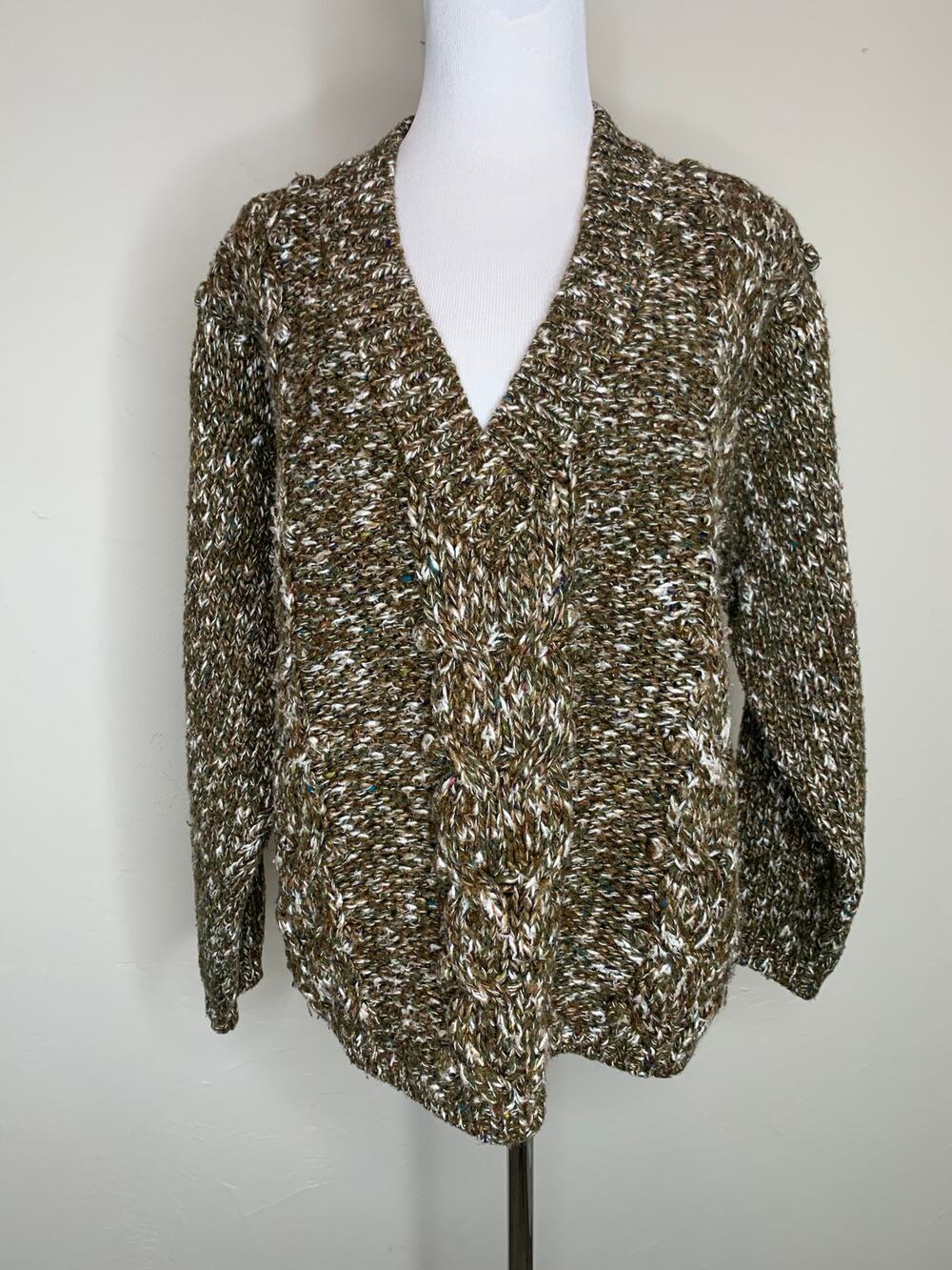 Leslie Faye Vintage Marled Chunky V Neck Sweater Sz Medium Brown Cream